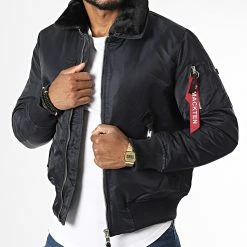 Meilleure affaire ⌛ Veste Bomber Col Fourrure MKB31 Bleu Marine de Mackten 😀