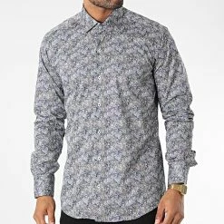 Vente flash 👍 Chemise Manches Longues Floral M6601 Bleu Marine de Mackten ⌛