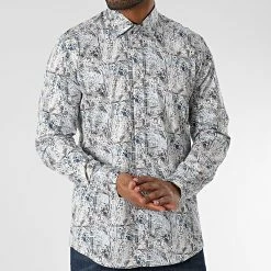 Coupon 🛒 Chemise Manches Longues Floral M6601-2 Blanc Bleu de Mackten 🤩