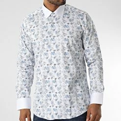 Promos Mackten Magasin 33 Acheter 💯 Chemise Manches Longues Floral M6601-4 Blanc Bleu de Mackten ❤️